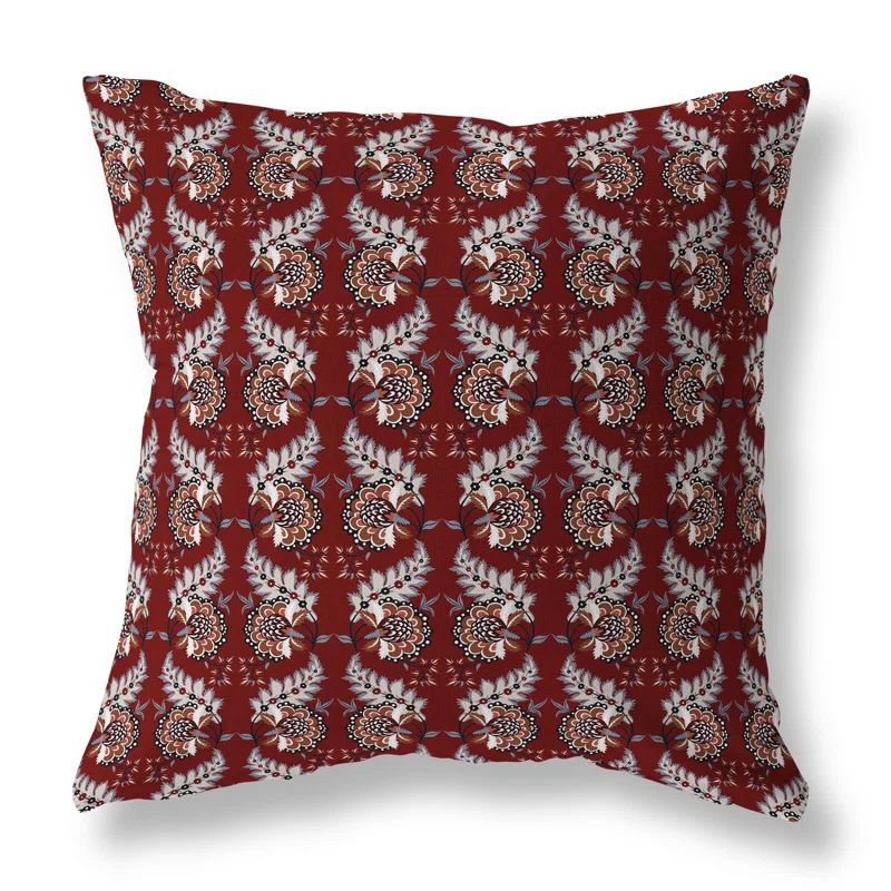 Red and Gray Botanical Broadcloth Reversible Throw Pillow