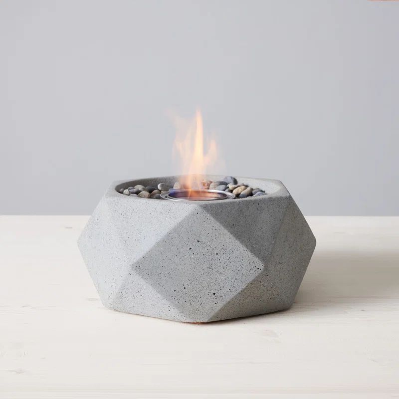 Geo Concrete Tabletop Fire Bowl in Ash Gray with Mexican River Pebble