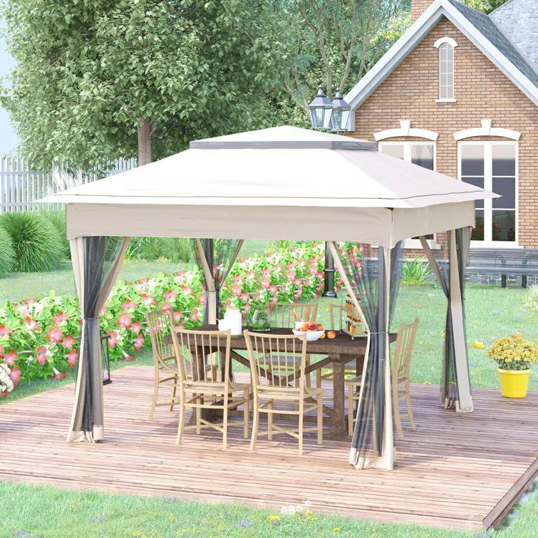 Beige 10.7' x 10.7' Pop Up Outdoor Gazebo with Mesh Sidewalls