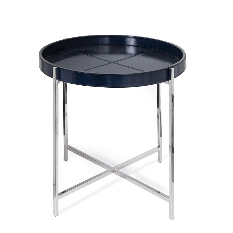 Round Blue Leather Tray Table with Polished Nickel Frame