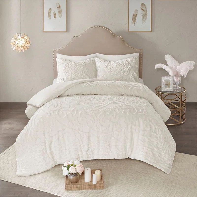 Ivory Cotton Chenille Medallion 3-Piece Duvet Cover Set