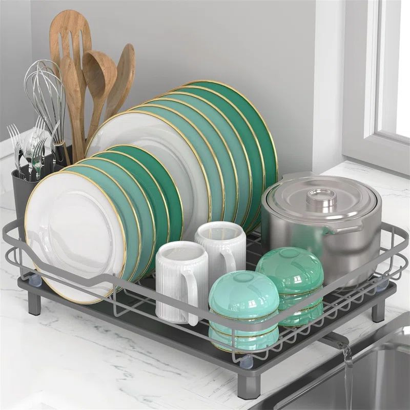 Dark Gray Stainless Steel Dish Drying Rack with Utensil Holder