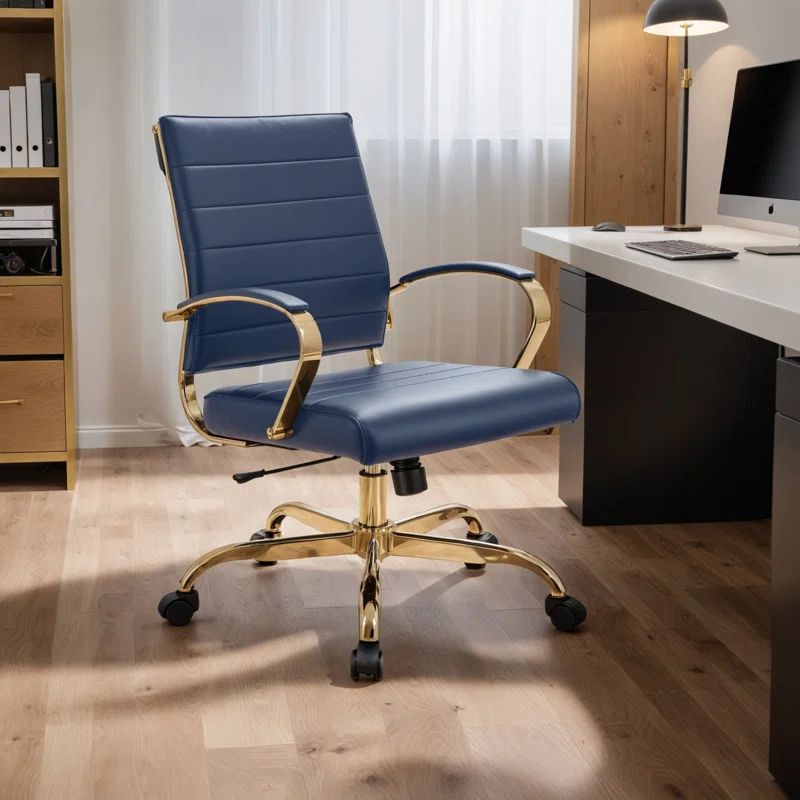 Mid-Century Swivel Office Chair in Brown Faux Leather and Gold Metal