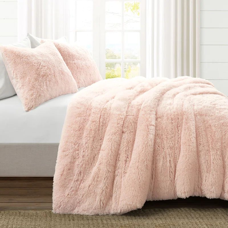 Blush Faux Fur Full/Queen Comforter Set with Matching Shams