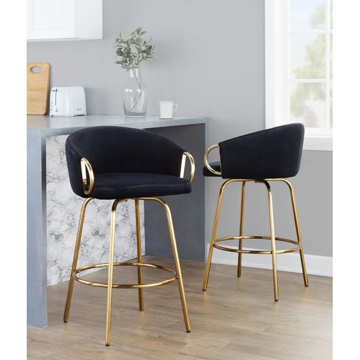 Modern Swivel Counter Stool in Black Velvet and Metal