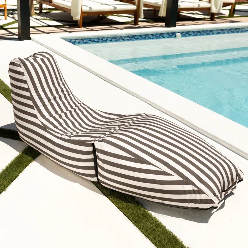 Taupe Striped Outdoor Bean Bag Chaise Lounge with Cushions