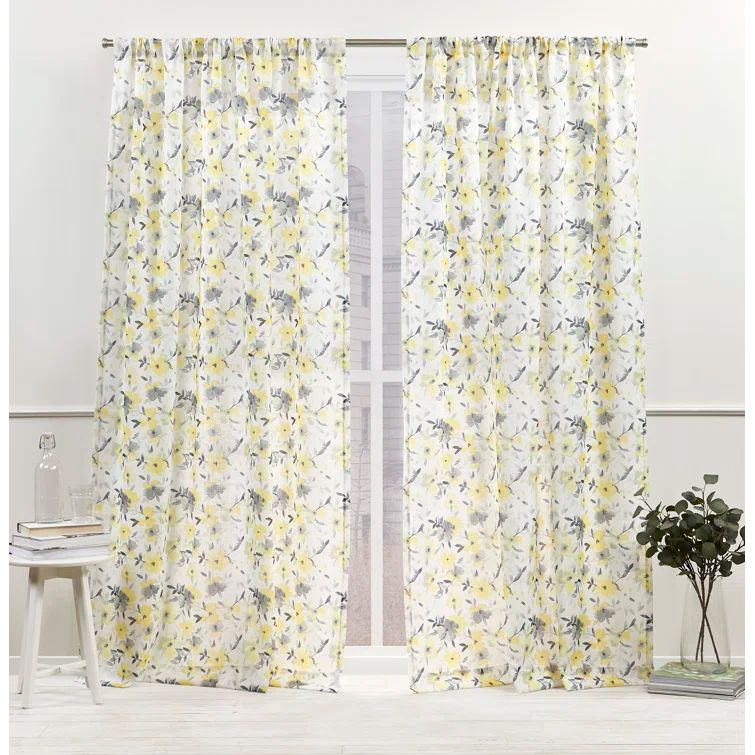 Hattie Yellow Floral Light Filtering Rod Pocket Curtain Panels, 54"x84", Polyester Linen Blend