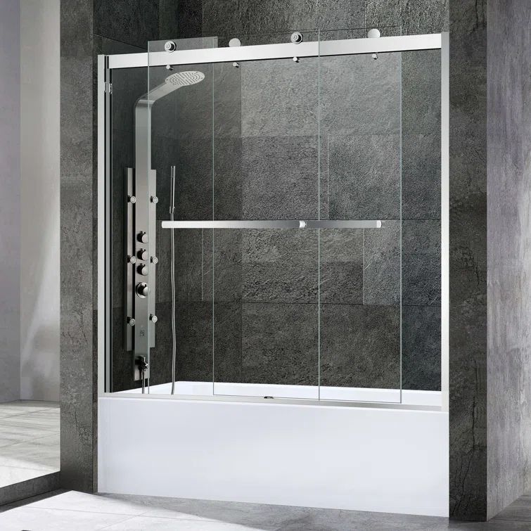Modern Frameless Double Sliding Bathtub Door with Clear Glass and Nickel Finish