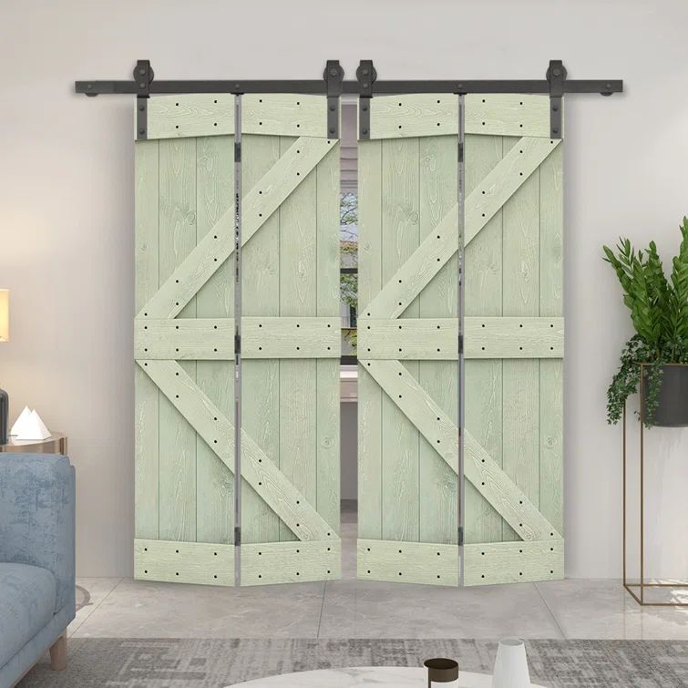 Sage Green Solid Pine Double Sliding Barn Door with Oil-Rubbed Bronze Hardware