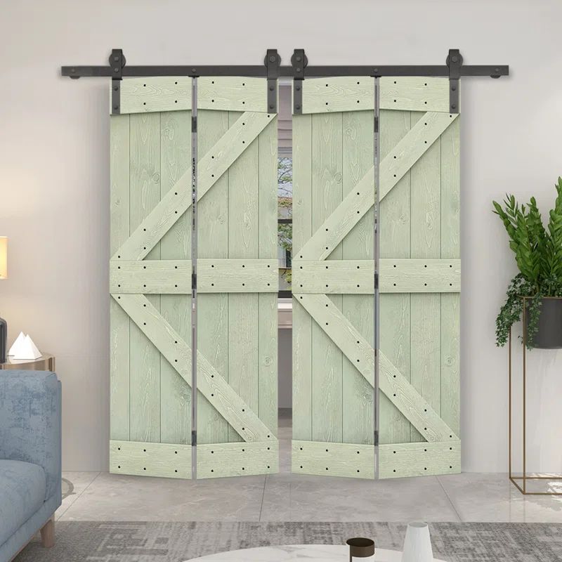 Sage Green Knotty Pine Double Barn Door with Steel Hardware Kit