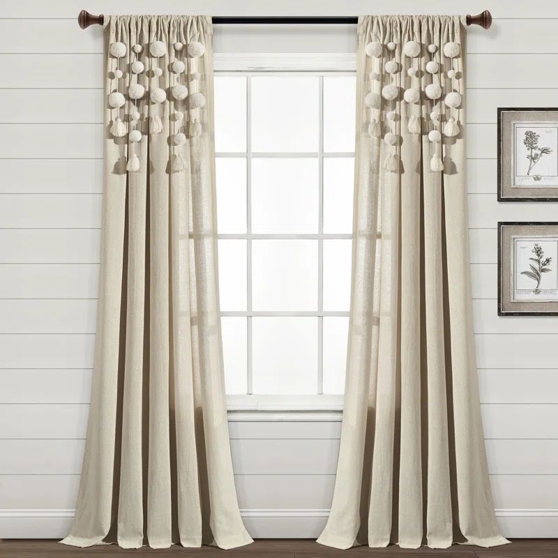Boho Pom Pom Tassel Dark Linen Cotton Blend Window Curtain Panel