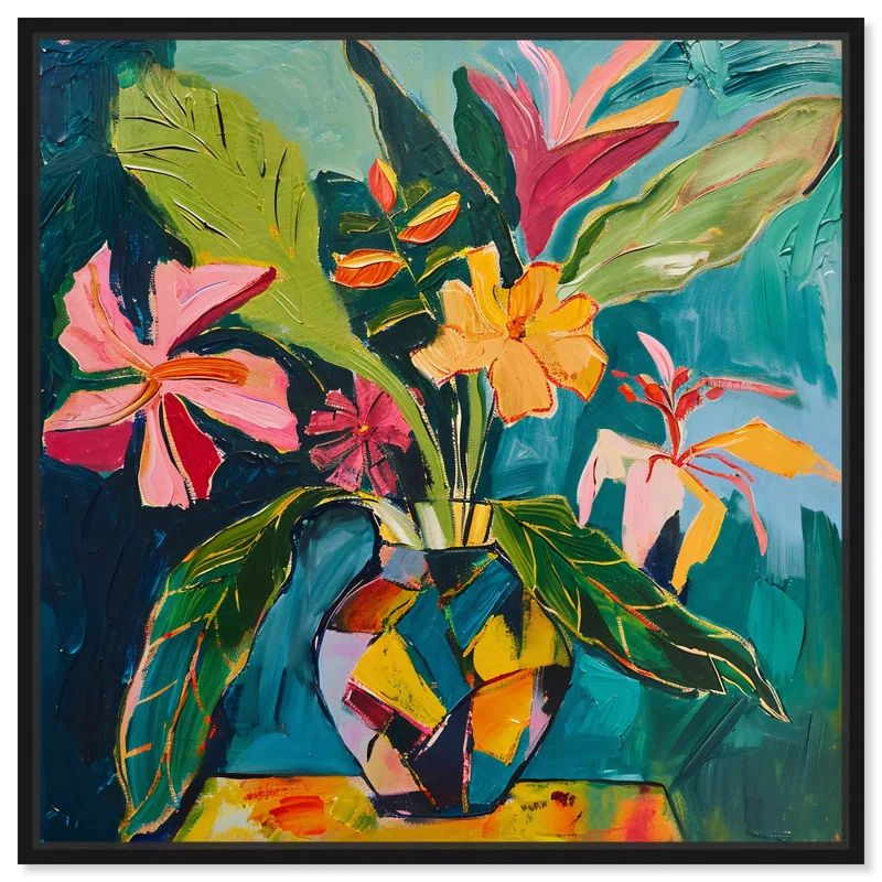 Vibrant Tropical Flowers on Canvas with Black Frame - 13" x 13"