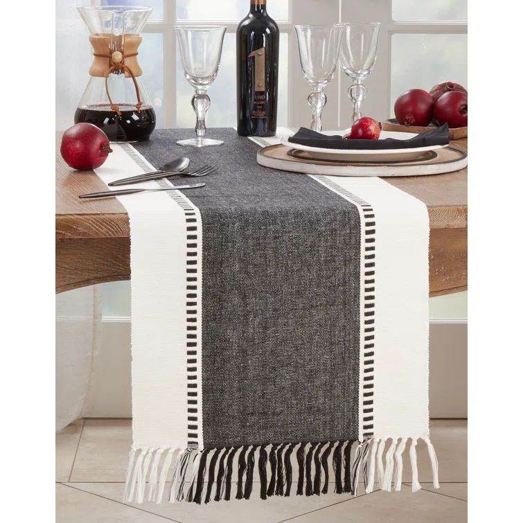 Black and White Striped Cotton Table Runner with Fringe