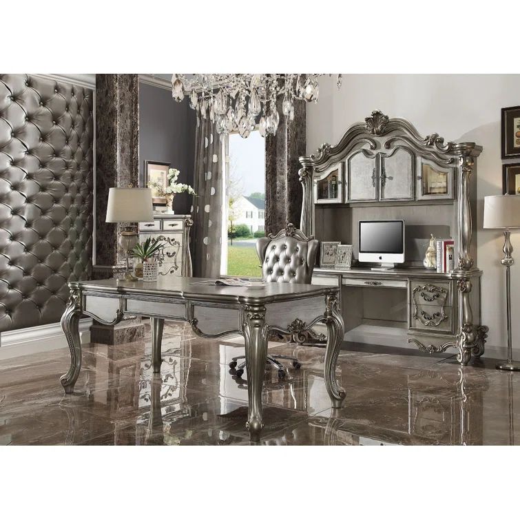 Regal White Executive Desk with Carved Details and Storage