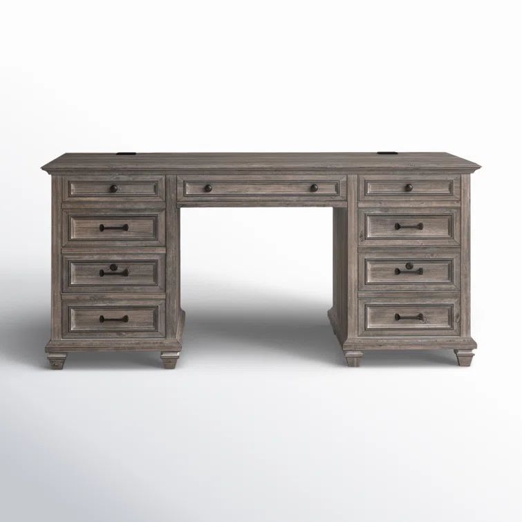 Transitional Dove Tail Grey Executive Desk with Power Outlet and Filing Cabinet