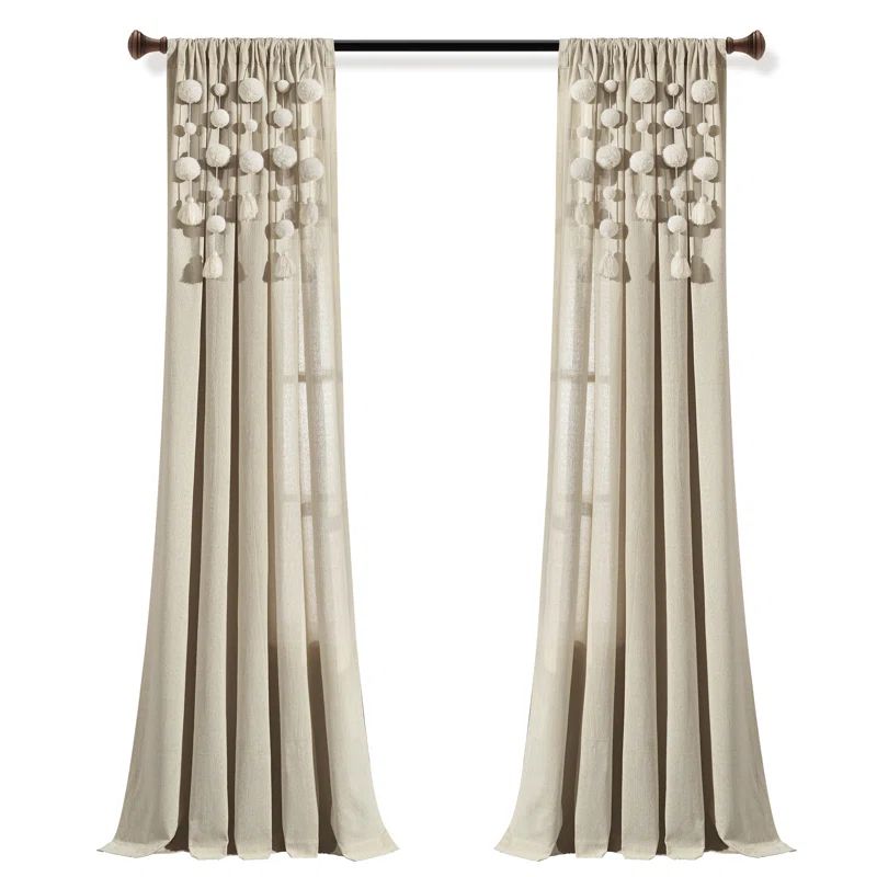 Dark Linen Cotton Blend Boho Pom Pom Tassel Window Curtain Panel