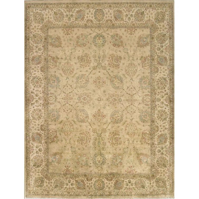 Hand-Knotted Ivory Wool Oriental Rug with Tassels