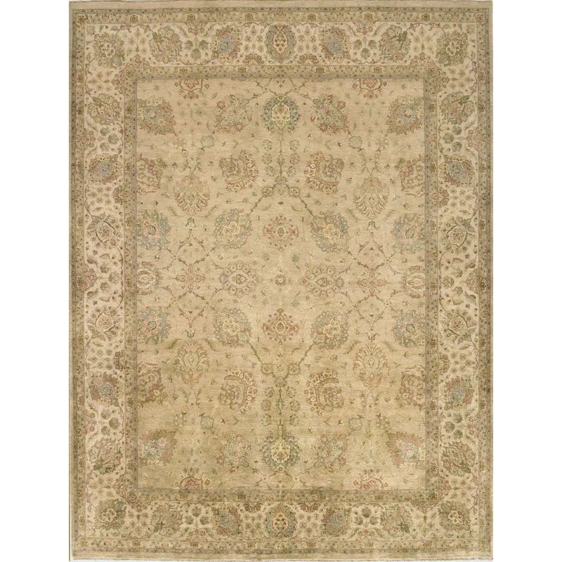 Hand-Knotted Ivory Wool Oriental Rug with Tassels