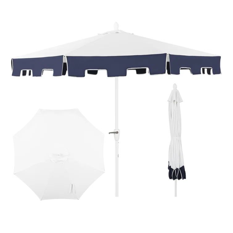 White and Navy Aluminum Mid-Century Market Patio Umbrella