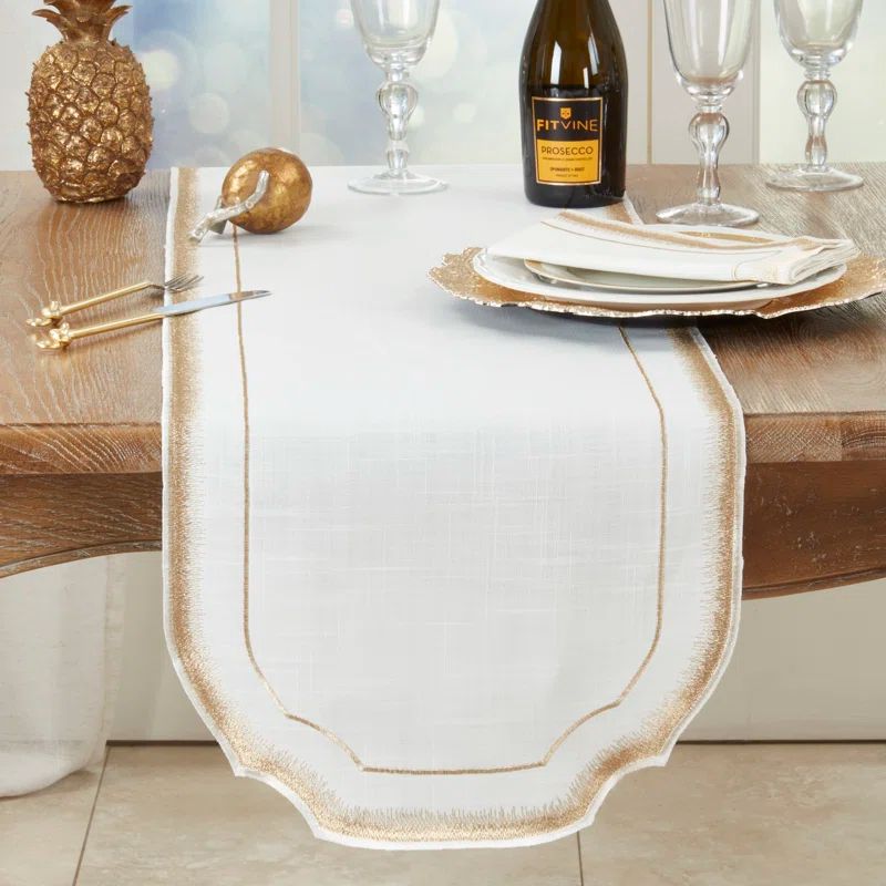 Gold and White Polyester Embroidered Table Runner, 16"x70"