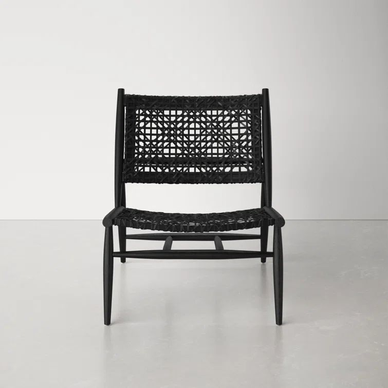 Transitional Black Leather and Wood 26'' Accent Chair