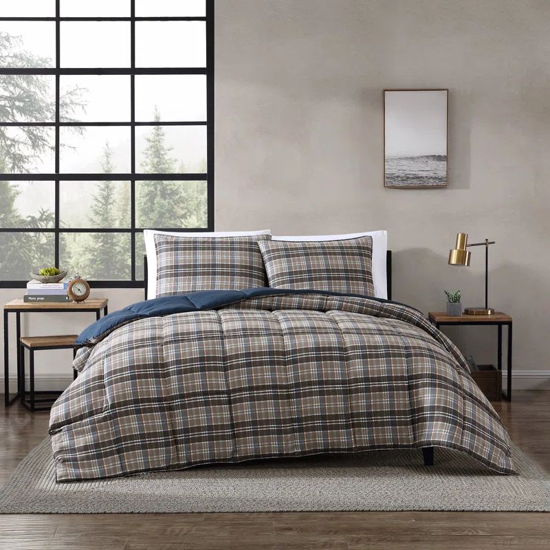 Twin Brown Plaid Microsuede Duvet Cover Set with Sham