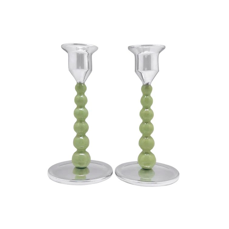 Small Green Aluminum Pearled Candlestick Set