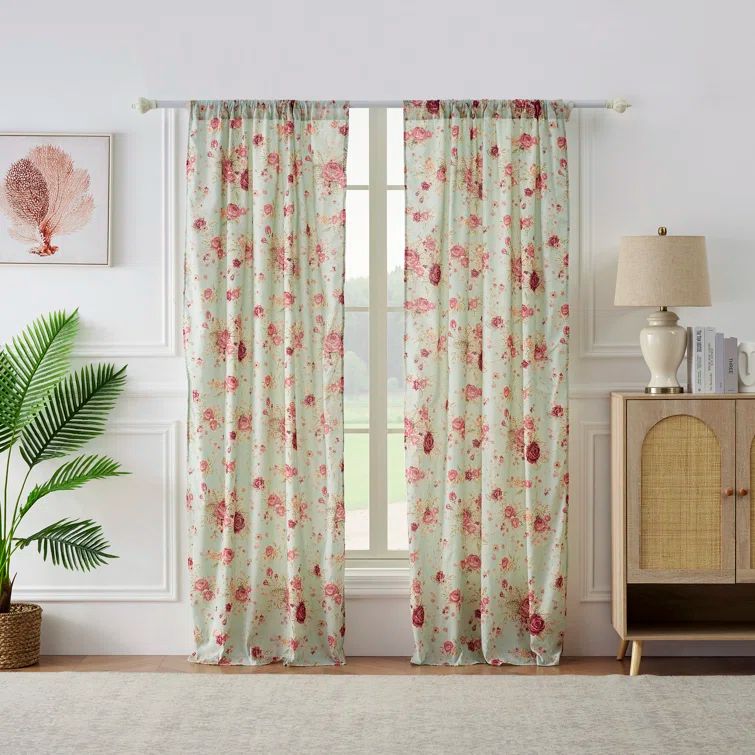 Seafoam Antique Rose Cotton Light-Filtering Rod Pocket Curtain Panels