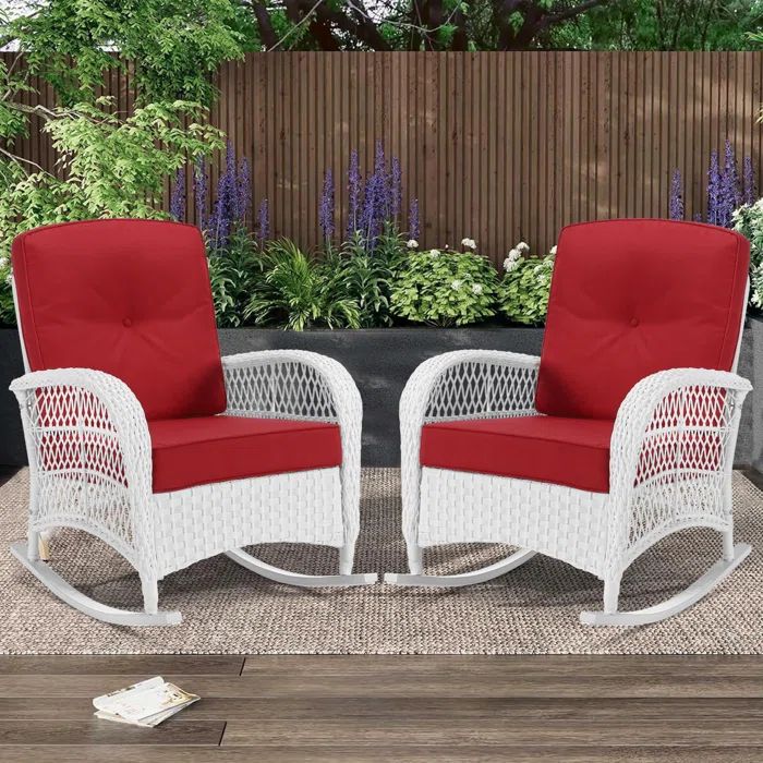 White Wicker Outdoor Rocking Chairs with Red Cushions
