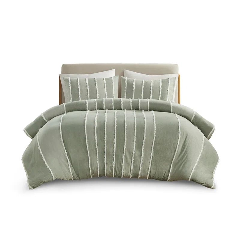 Sage Green Cotton Striped Queen Duvet Cover Set