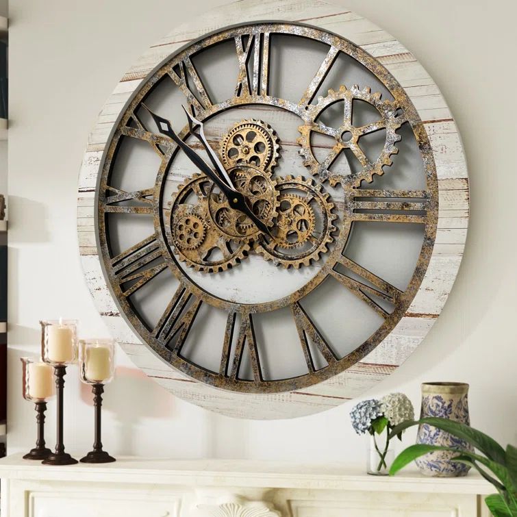 Oversized Desert Beige and Bronze Industrial Wall Clock with Real Moving Gears