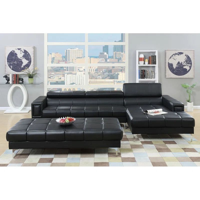 Black Faux Leather Tufted Sectional Sofa with Ottoman