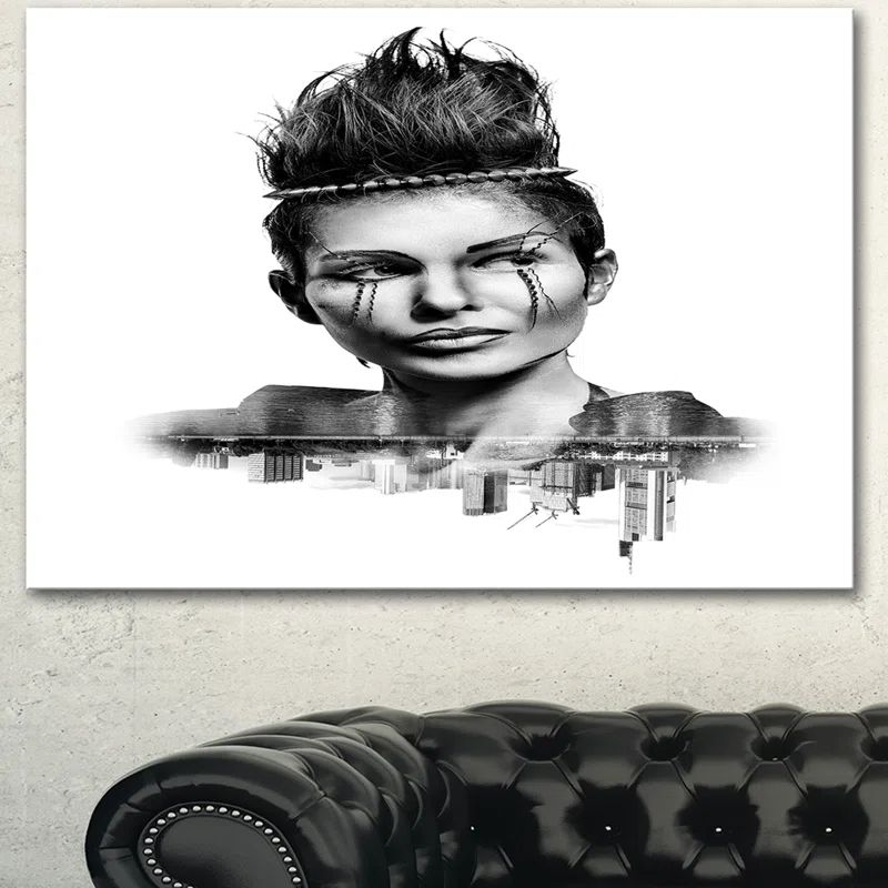 Double Exposure Woman Portrait Canvas Art in Black and White