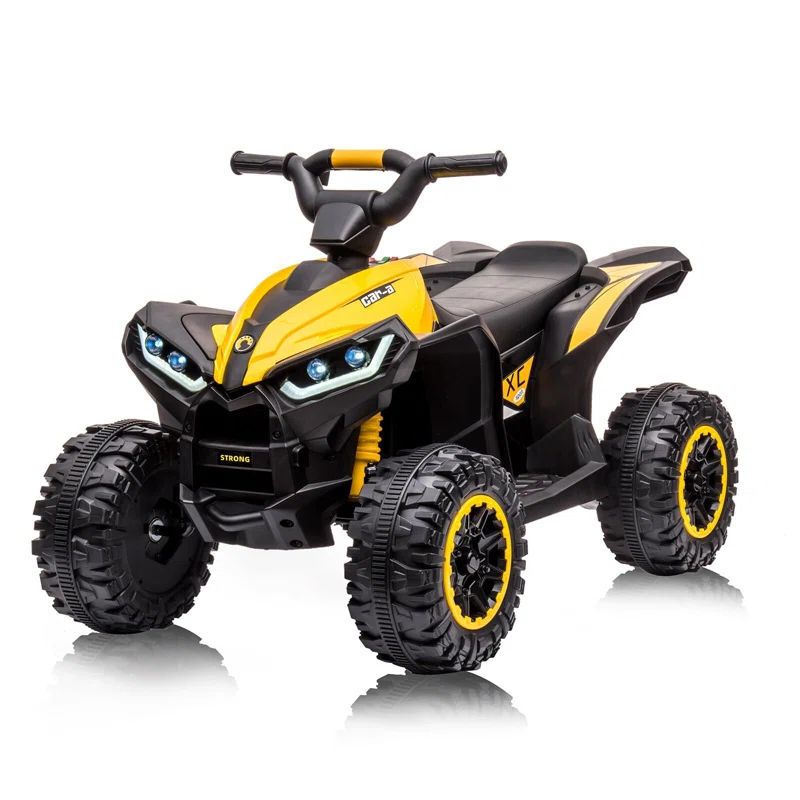 Yellow 12V Battery Powered Electric Four-Wheeler with LED Lights and Music