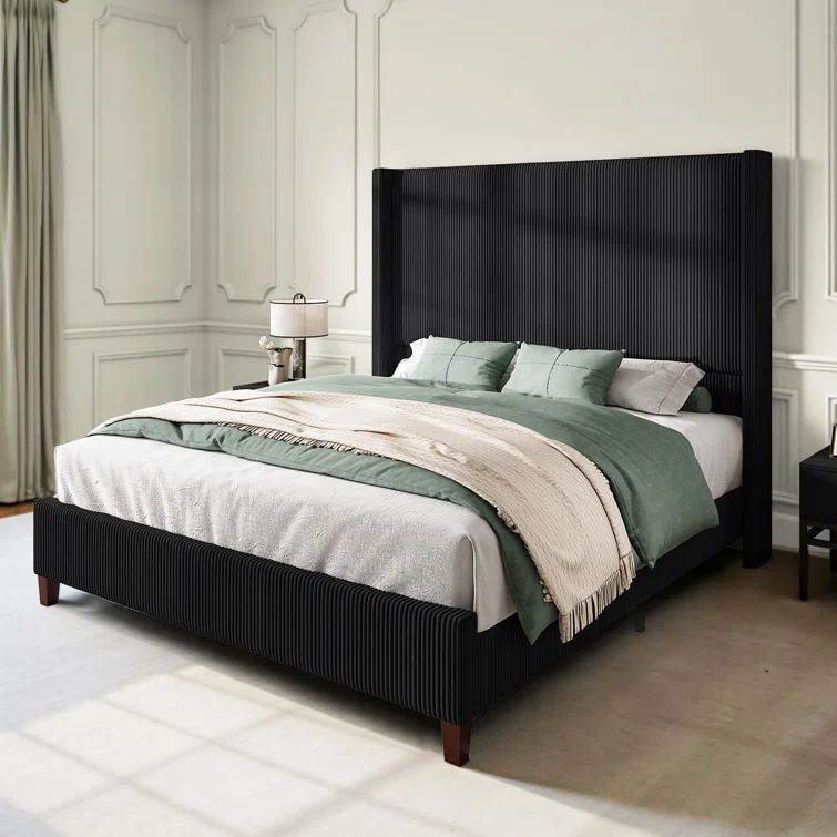 Queen Black Corduroy Upholstered Wingback Platform Bed
