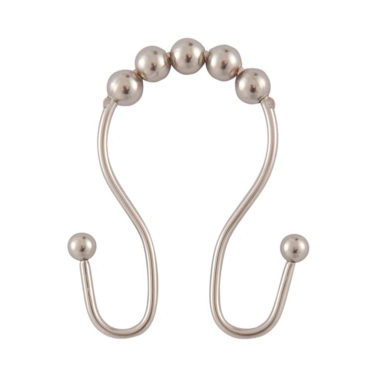 Brushed Nickel Double Roller Ball Shower Curtain Hooks