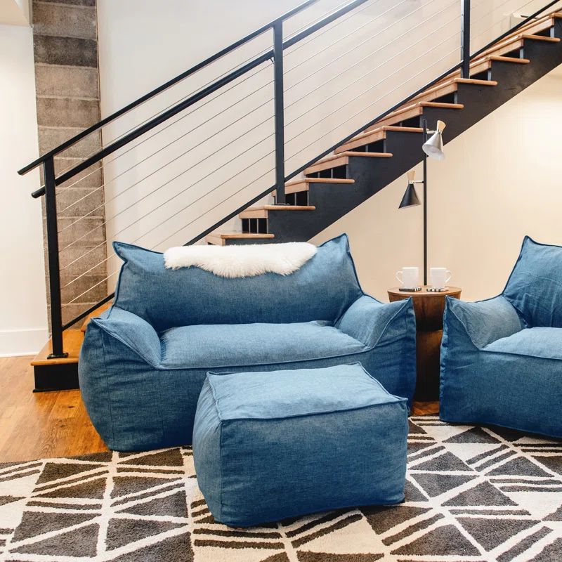 Pacific Blue Denim-Like Foam Filled Pouf Ottoman