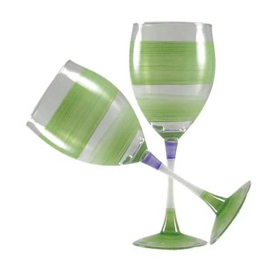 Green Hand Painted Retro Stripe Wine Glass Set of 2