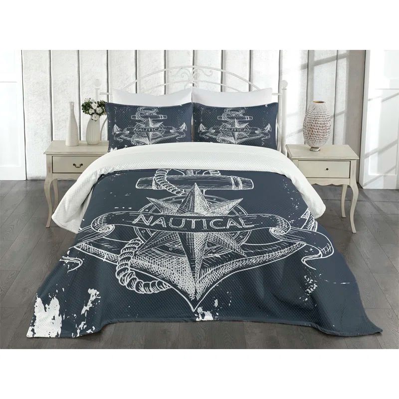 Nautical Knot Anchor Compass Queen Bedspread Set in White