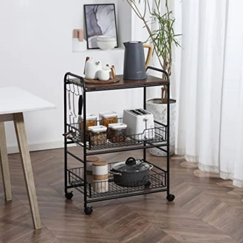 Walnut Wood Tone 3-Tier Rolling Kitchen Cart with Storage