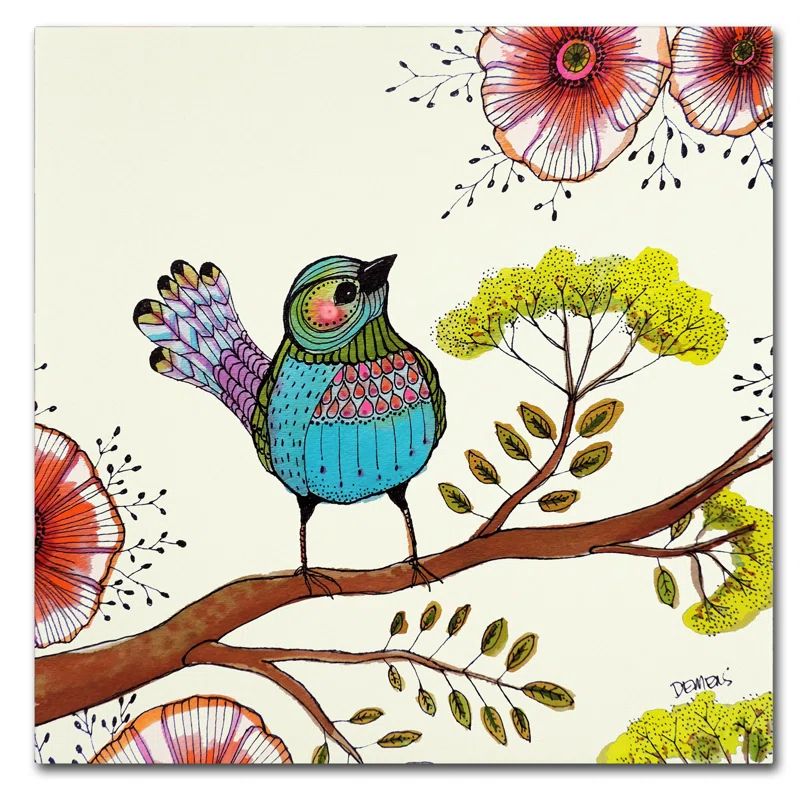 Colorful Bird and Flowers Framed Canvas Art