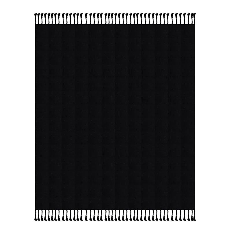 Cozy Cotton Checkered Weave Throw Blanket with Fringe - Black