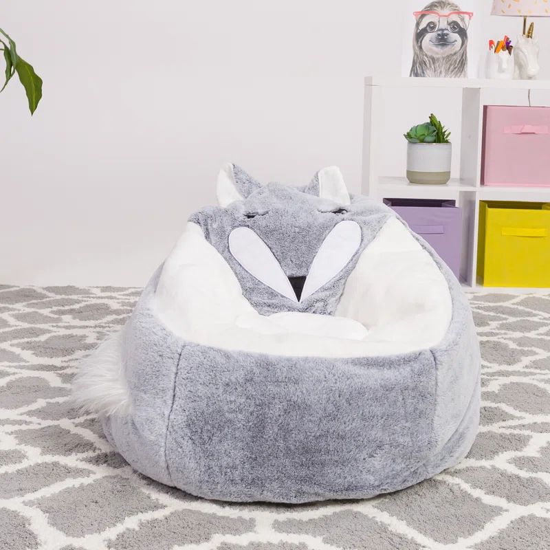 Large Silver Fox Furry Bean Bag Chair with Removable Cover