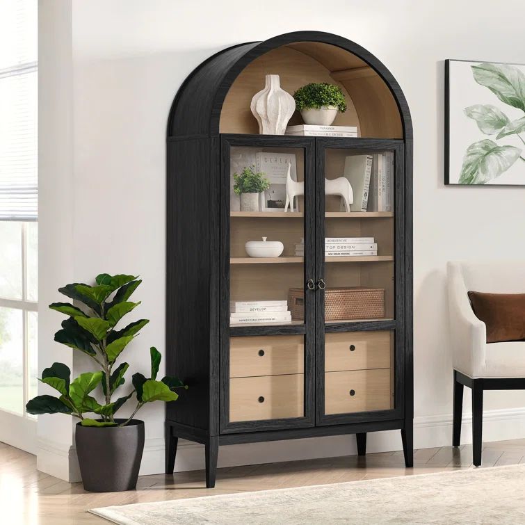 Nolan Tall Black Oak Arched Storage Cabinet with Glass Doors