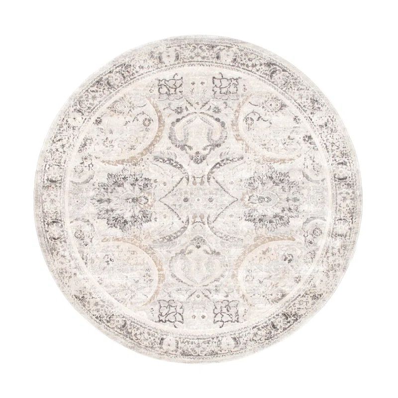 Ivory and Silver Round Stain-Resistant Synthetic Rug