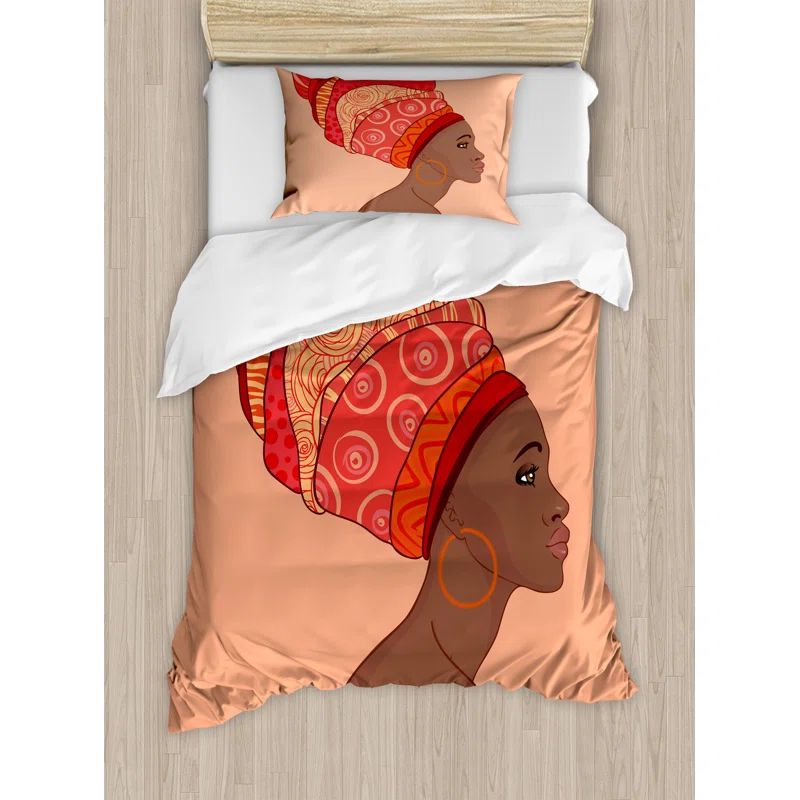 Twin Chocolate Salmon African Folk Art Duvet Cover Set