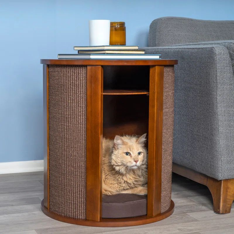 Mahogany Round Cat Bed End Table with Sisal Panels