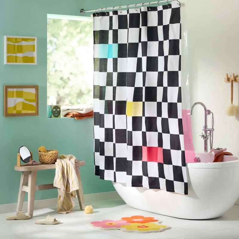 Bold Checkerboard Cotton Fabric Shower Curtain with Grommets