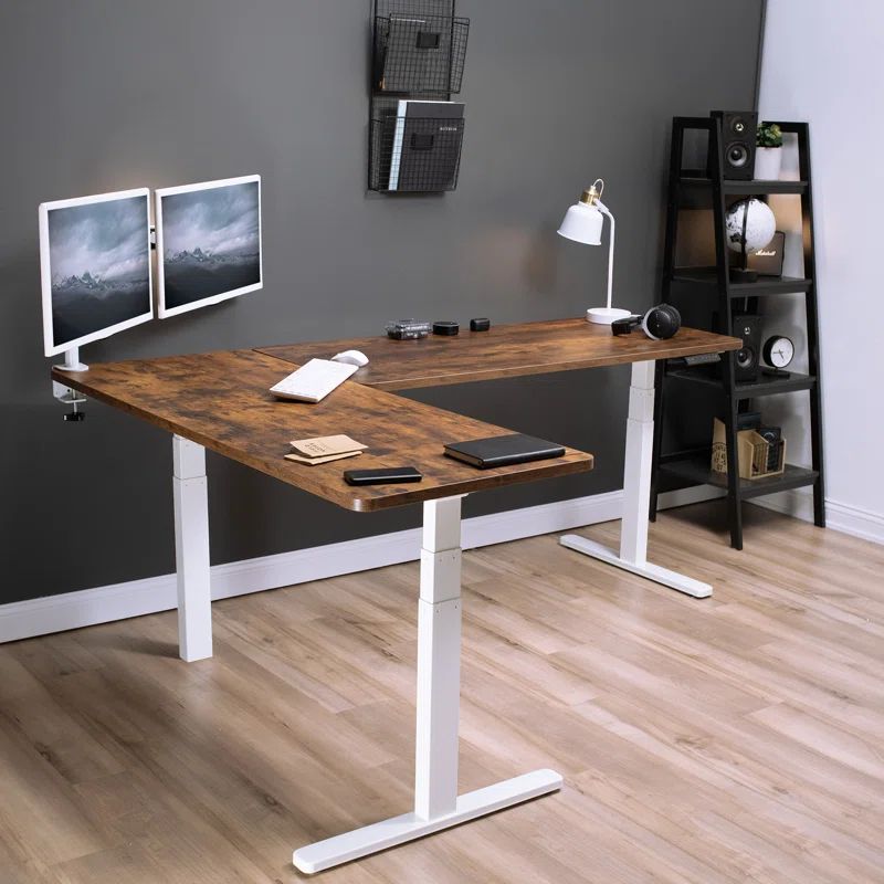 Vintage Brown and White L-Shaped Electric Standing Desk with Drawers