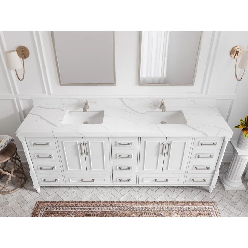 Aberdeen 84'' White Double Bathroom Vanity with Calacatta Quartz Top